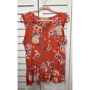 Democracy Floral Boho Sleeveless Mesh Ruffle Semi Sheer Top Women's Size Large